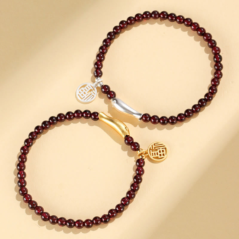 Garnet 925 Sterling Silver Fish Fu Character Purification Bracelet