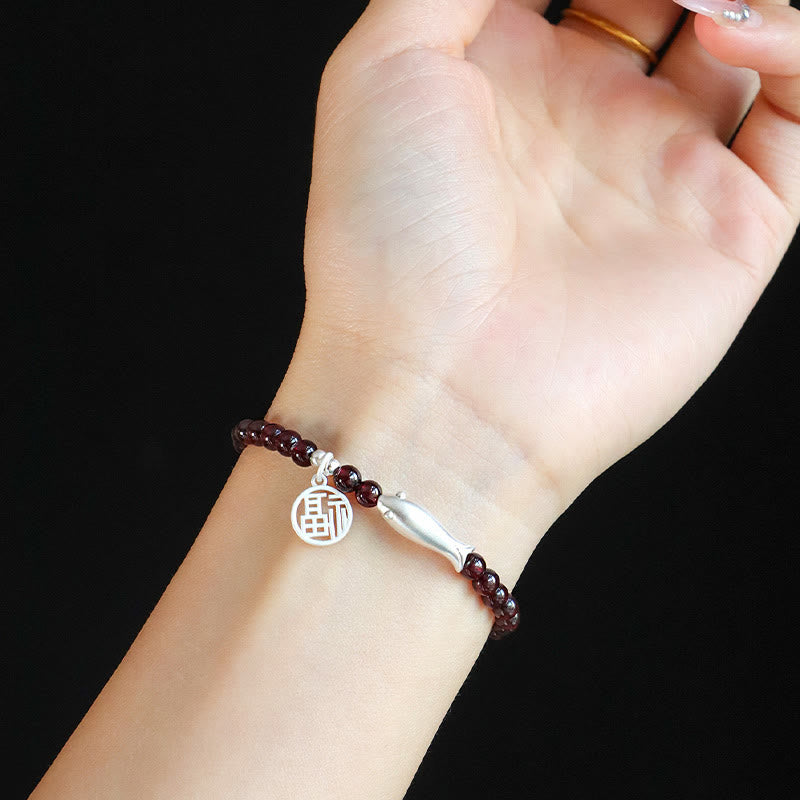 Garnet 925 Sterling Silver Fish Fu Character Purification Bracelet