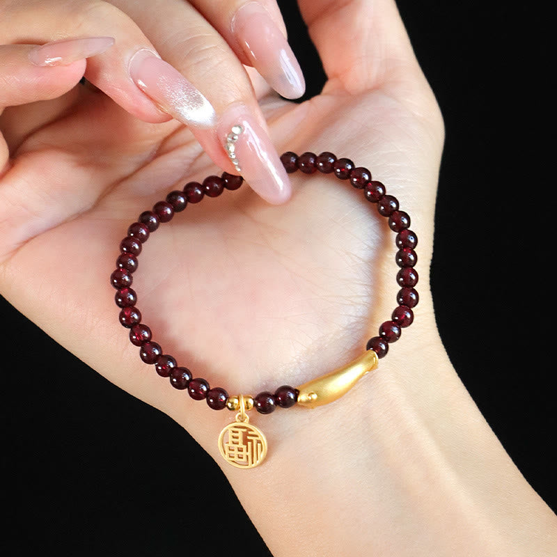 Garnet 925 Sterling Silver Fish Fu Character Purification Bracelet