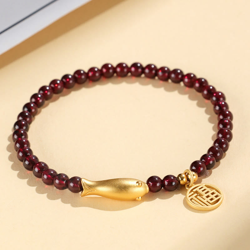 Garnet 925 Sterling Silver Fish Fu Character Purification Bracelet