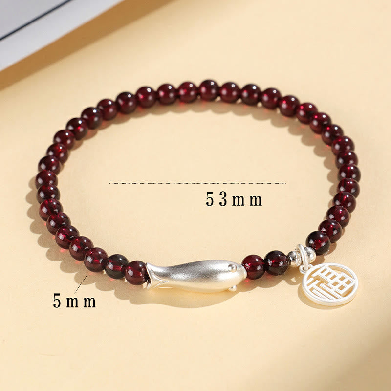 Garnet 925 Sterling Silver Fish Fu Character Purification Bracelet