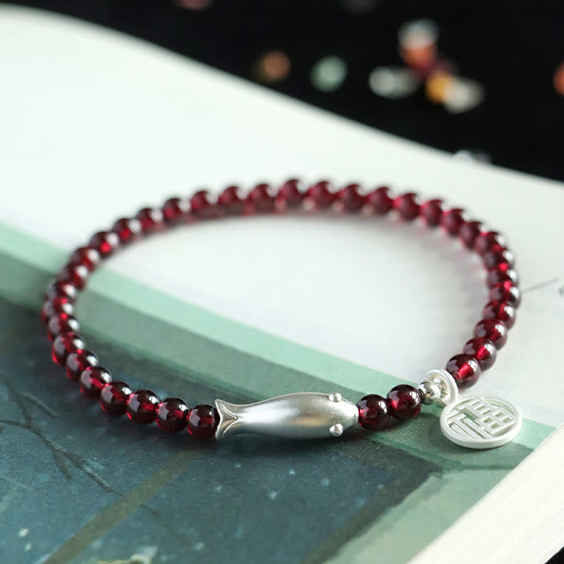 Garnet 925 Sterling Silver Fish Fu Character Purification Bracelet