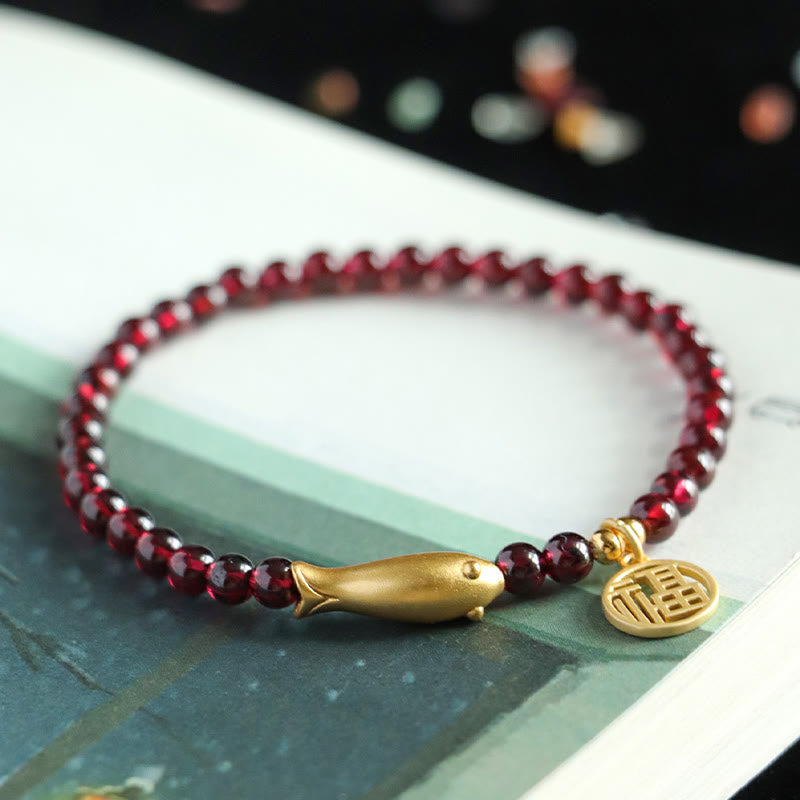 Garnet 925 Sterling Silver Fish Fu Character Purification Bracelet