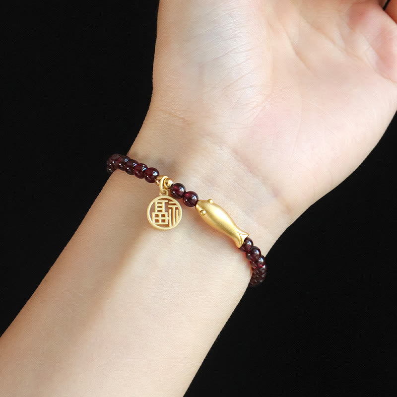 Garnet 925 Sterling Silver Fish Fu Character Purification Bracelet