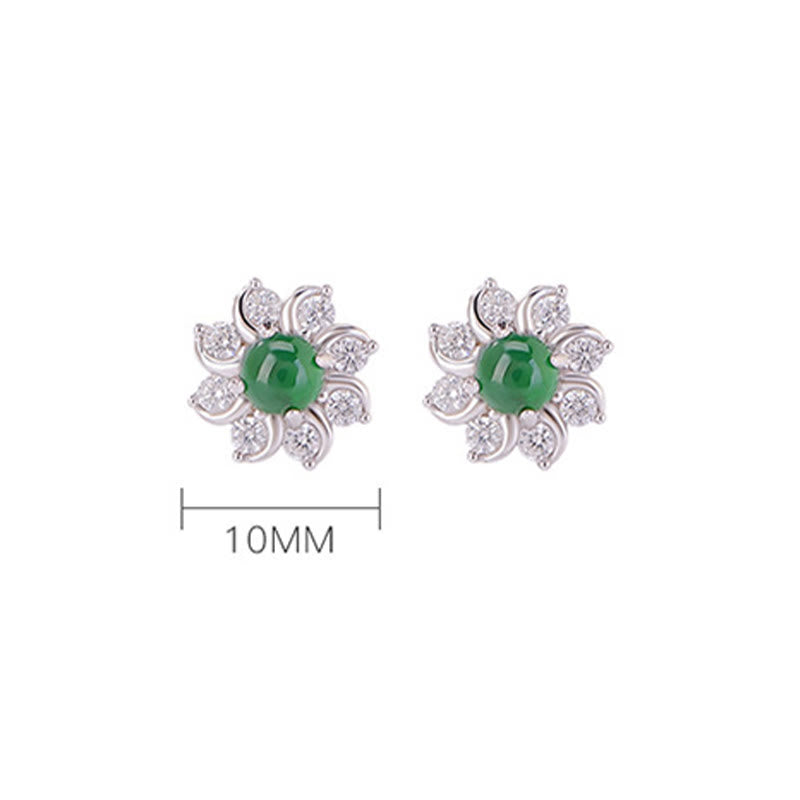 925 Sterling Silver Round Jade Flower Prosperity Earrings