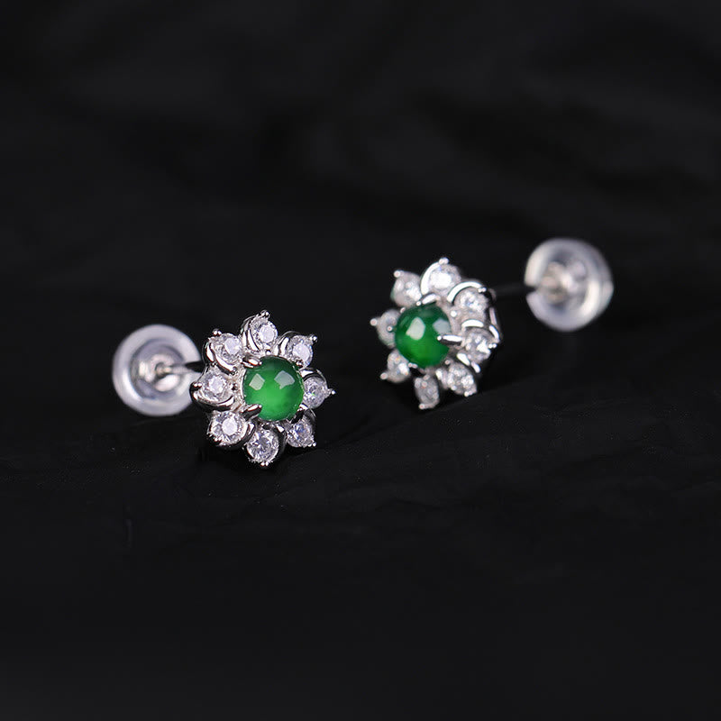 925 Sterling Silver Round Jade Flower Prosperity Earrings