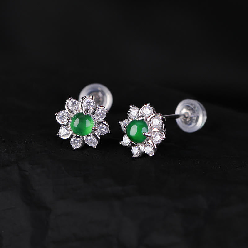 925 Sterling Silver Round Jade Flower Prosperity Earrings