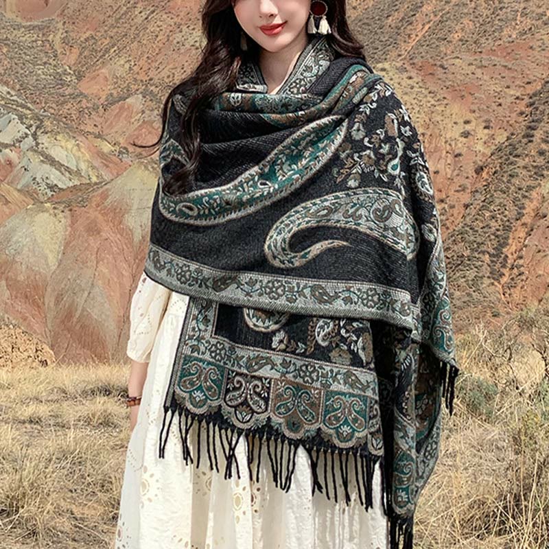 Tibetan Cashew Flower Tassel Shawl Fall Winter Cozy Travel Scarf Wrap