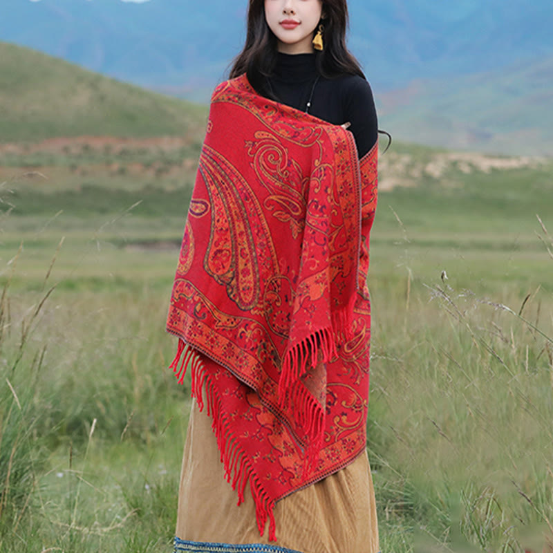 Tibetan Cashew Flower Tassel Shawl Fall Winter Cozy Travel Scarf Wrap