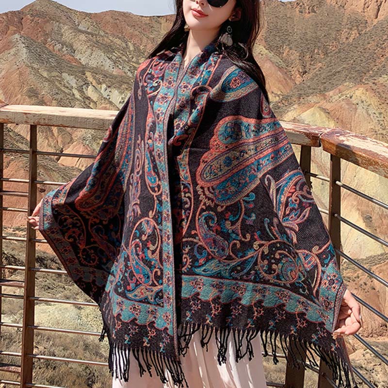 Tibetan Cashew Flower Tassel Shawl Fall Winter Cozy Travel Scarf Wrap