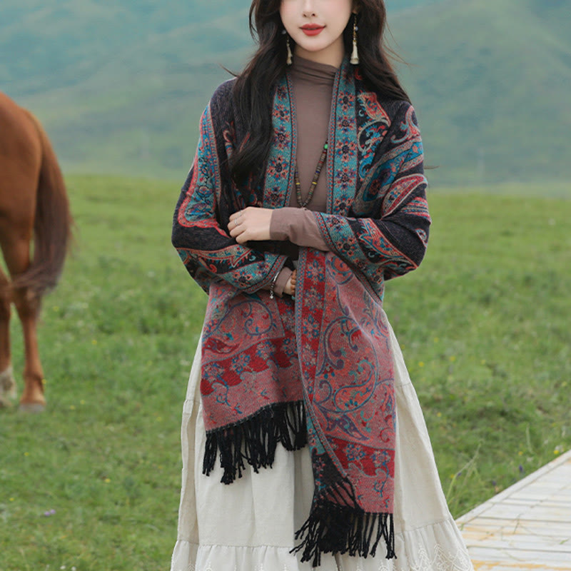 Tibetan Cashew Flower Tassel Shawl Fall Winter Cozy Travel Scarf Wrap