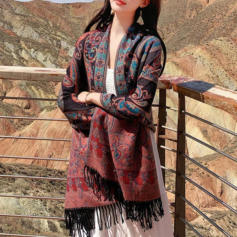 Tibetan Cashew Flower Tassel Shawl Fall Winter Cozy Travel Scarf Wrap