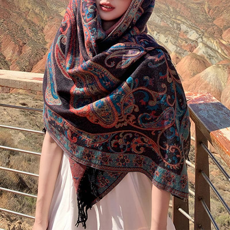 Tibetan Cashew Flower Tassel Shawl Fall Winter Cozy Travel Scarf Wrap