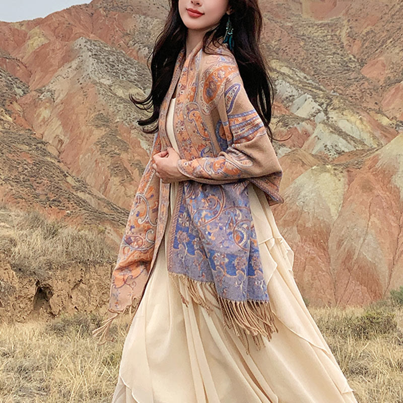 Tibetan Cashew Flower Tassel Shawl Fall Winter Cozy Travel Scarf Wrap