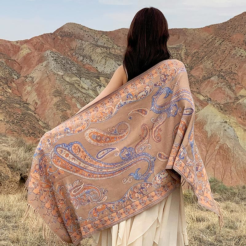 Tibetan Cashew Flower Tassel Shawl Fall Winter Cozy Travel Scarf Wrap