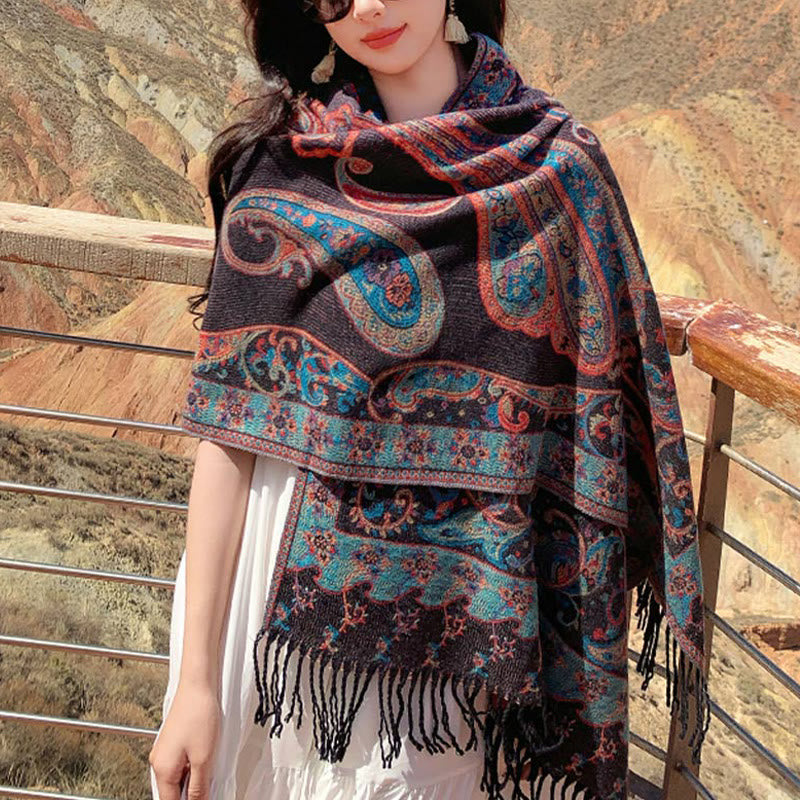 Tibetan Cashew Flower Tassel Shawl Fall Winter Cozy Travel Scarf Wrap