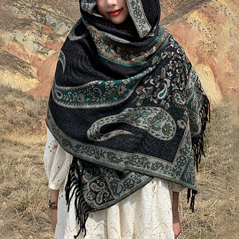 Tibetan Cashew Flower Tassel Shawl Fall Winter Cozy Travel Scarf Wrap