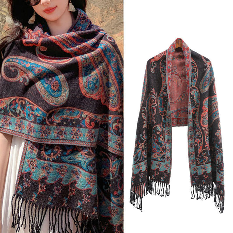 Tibetan Cashew Flower Tassel Shawl Fall Winter Cozy Travel Scarf Wrap