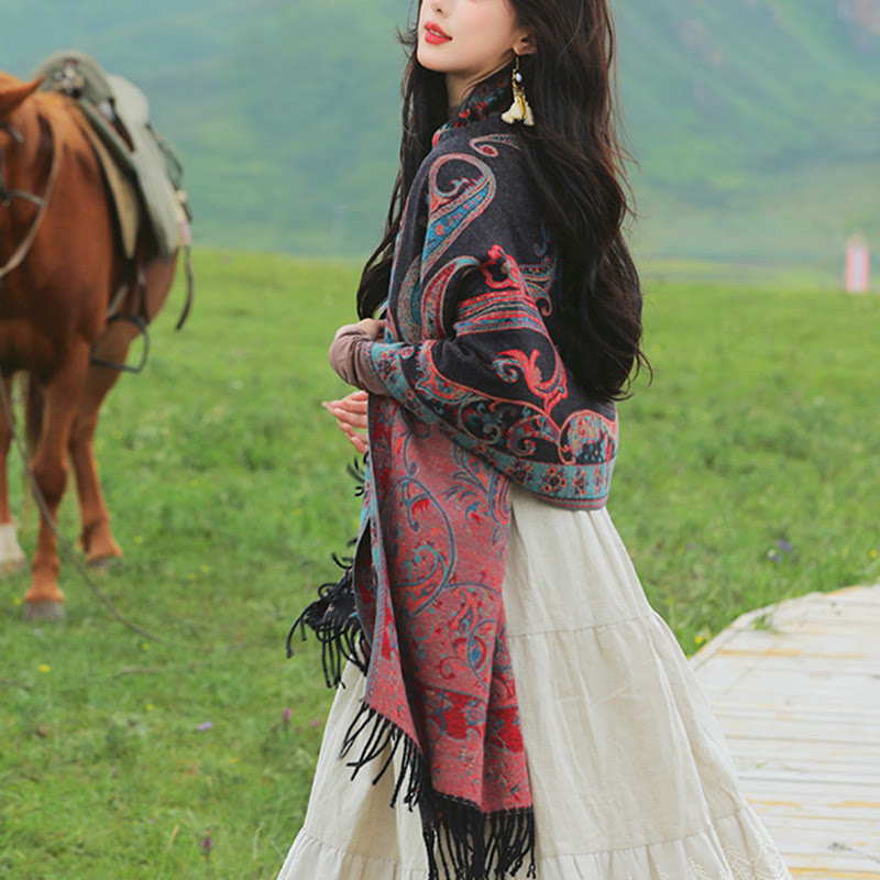 Tibetan Cashew Flower Tassel Shawl Fall Winter Cozy Travel Scarf Wrap