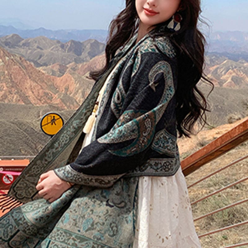 Tibetan Cashew Flower Tassel Shawl Fall Winter Cozy Travel Scarf Wrap