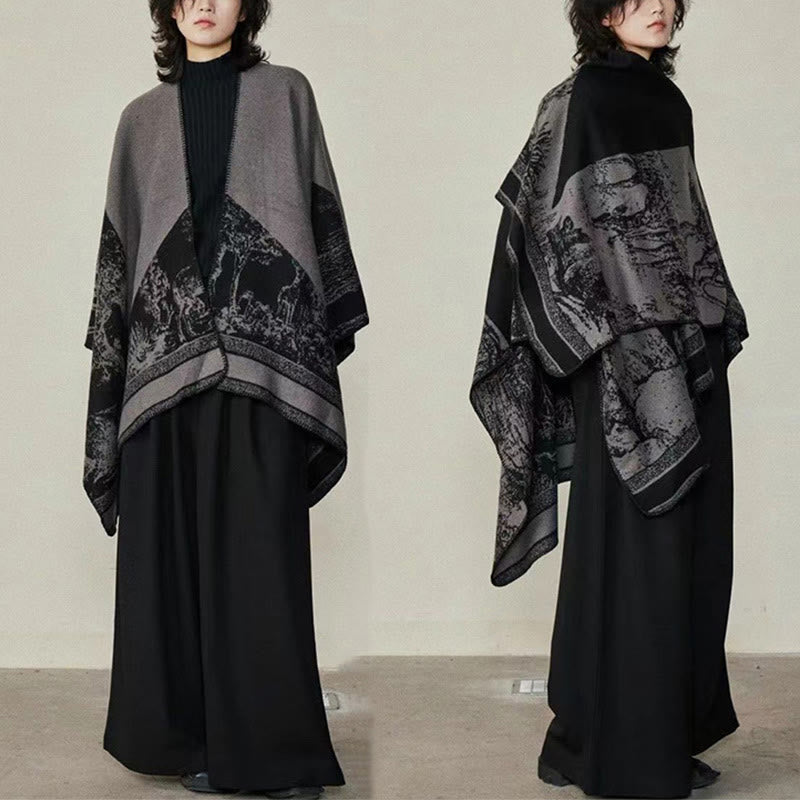 Black Gray Sika Deer Animal Forest Double-sided Shawl Fall Winter Warm Scarf Wrap