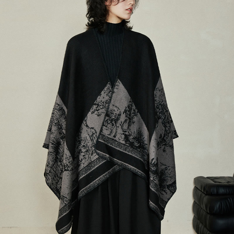 Black Gray Sika Deer Animal Forest Double-sided Shawl Fall Winter Warm Scarf Wrap