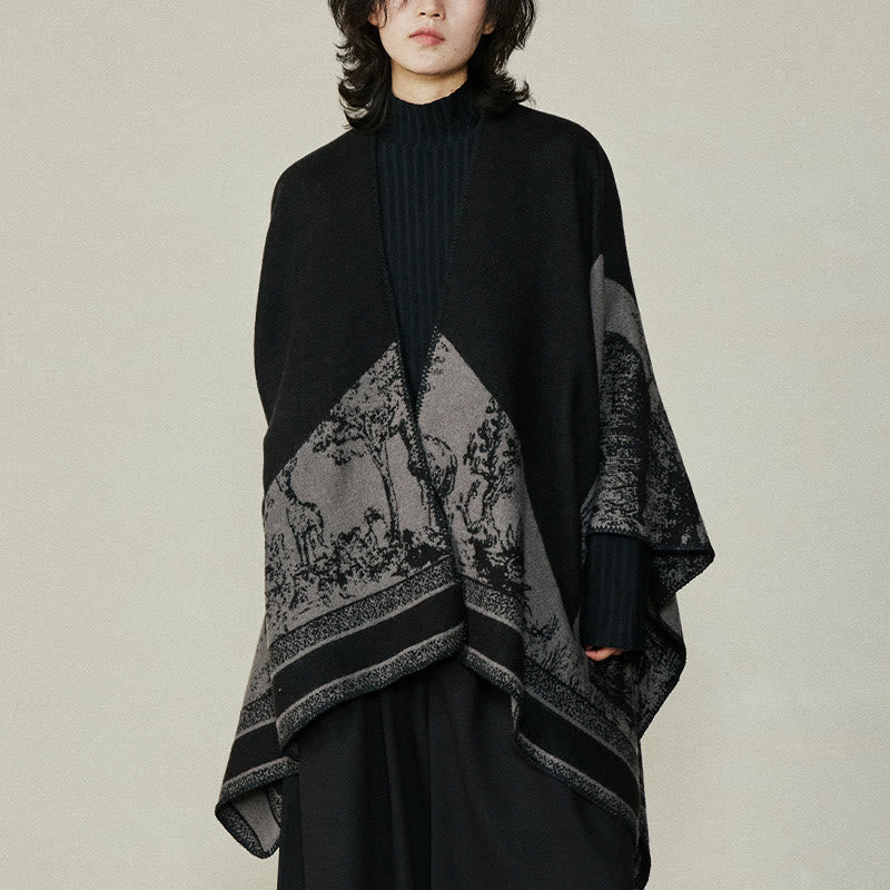 Black Gray Sika Deer Animal Forest Double-sided Shawl Fall Winter Warm Scarf Wrap