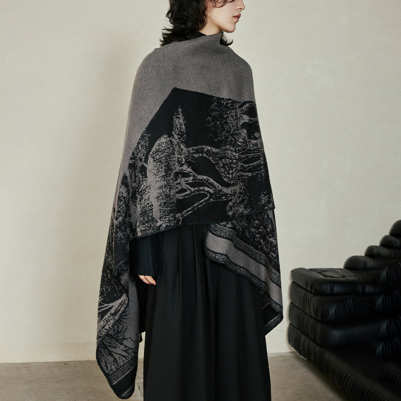 Black Gray Sika Deer Animal Forest Double-sided Shawl Fall Winter Warm Scarf Wrap