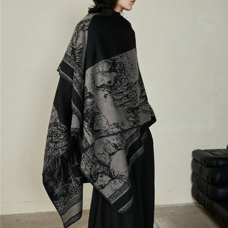 Black Gray Sika Deer Animal Forest Double-sided Shawl Fall Winter Warm Scarf Wrap