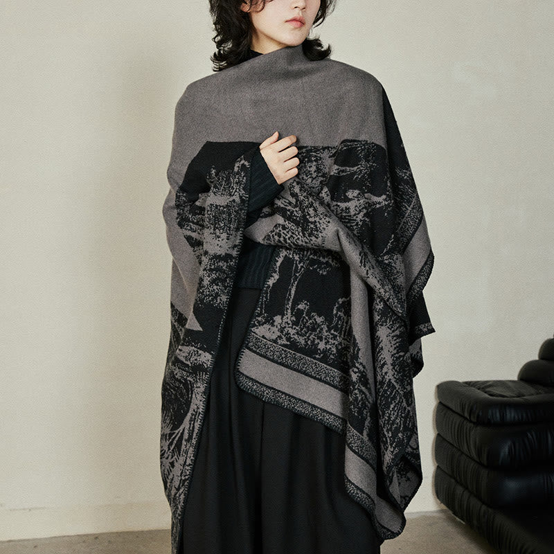 Black Gray Sika Deer Animal Forest Double-sided Shawl Fall Winter Warm Scarf Wrap