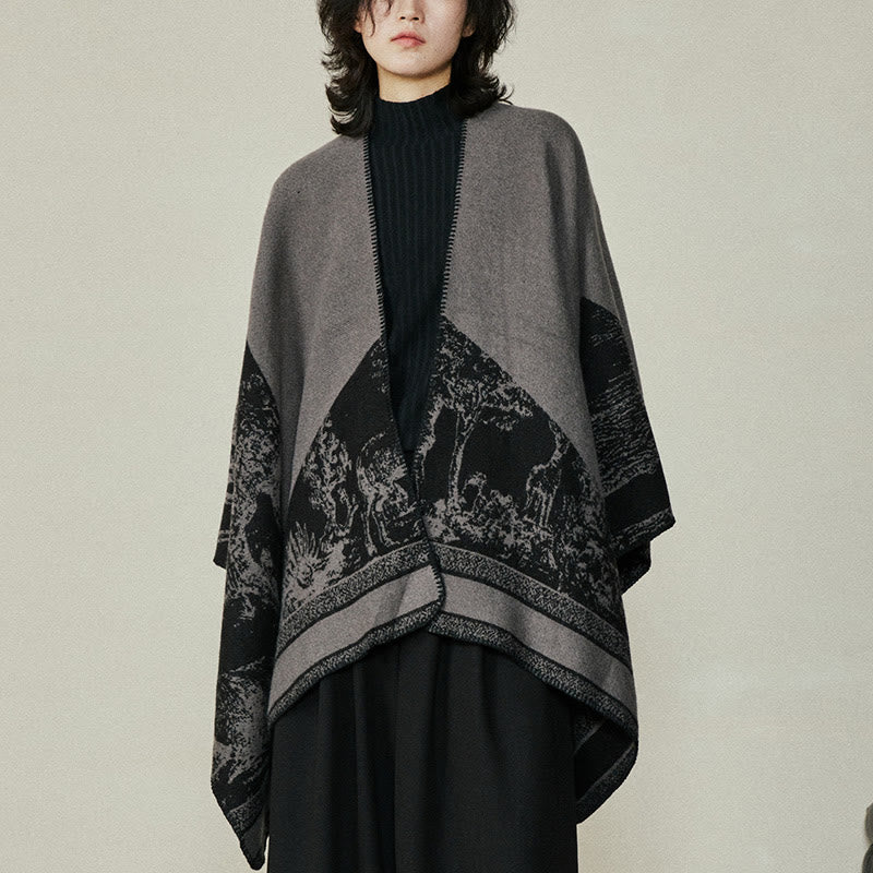 Black Gray Sika Deer Animal Forest Double-sided Shawl Fall Winter Warm Scarf Wrap