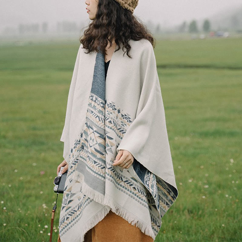 Tibetan Beige Geometric Pattern Tassels Shawl Fall Winter Warm Scarf Wrap
