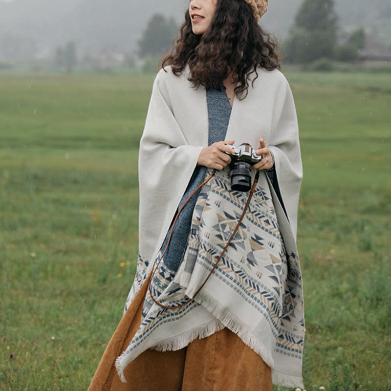 Tibetan Beige Geometric Pattern Tassels Shawl Fall Winter Warm Scarf Wrap