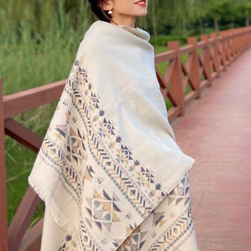 Tibetan Beige Geometric Pattern Tassels Shawl Fall Winter Warm Scarf Wrap