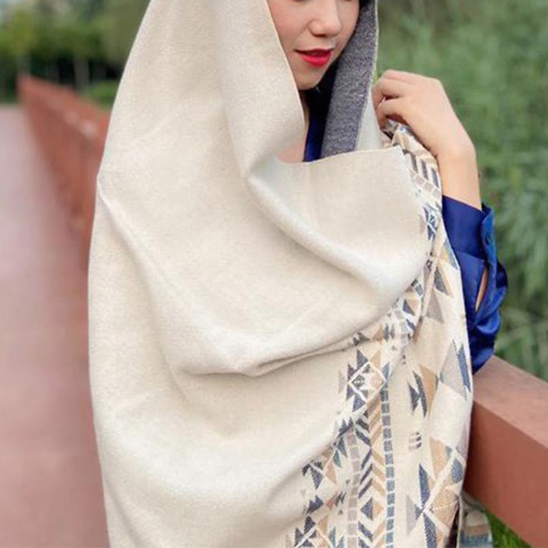 Tibetan Beige Geometric Pattern Tassels Shawl Fall Winter Warm Scarf Wrap