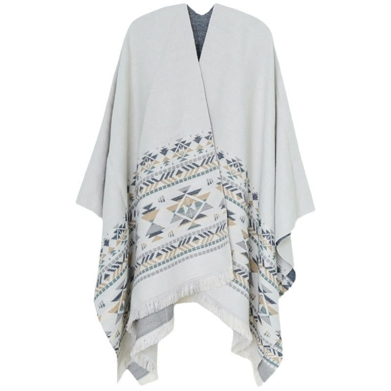 Tibetan Beige Geometric Pattern Tassels Shawl Fall Winter Warm Scarf Wrap