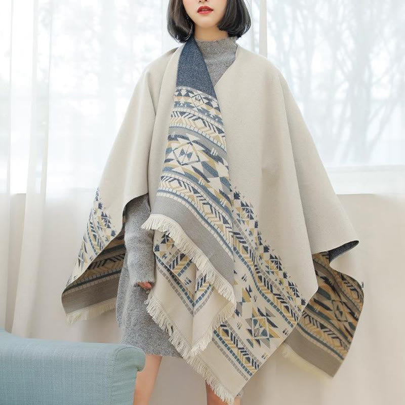 Tibetan Beige Geometric Pattern Tassels Shawl Fall Winter Warm Scarf Wrap