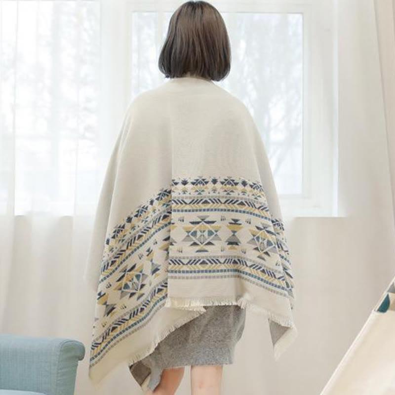 Tibetan Beige Geometric Pattern Tassels Shawl Fall Winter Warm Scarf Wrap