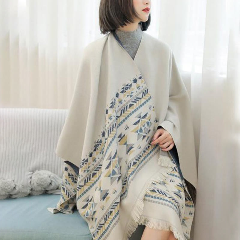 Tibetan Beige Geometric Pattern Tassels Shawl Fall Winter Warm Scarf Wrap