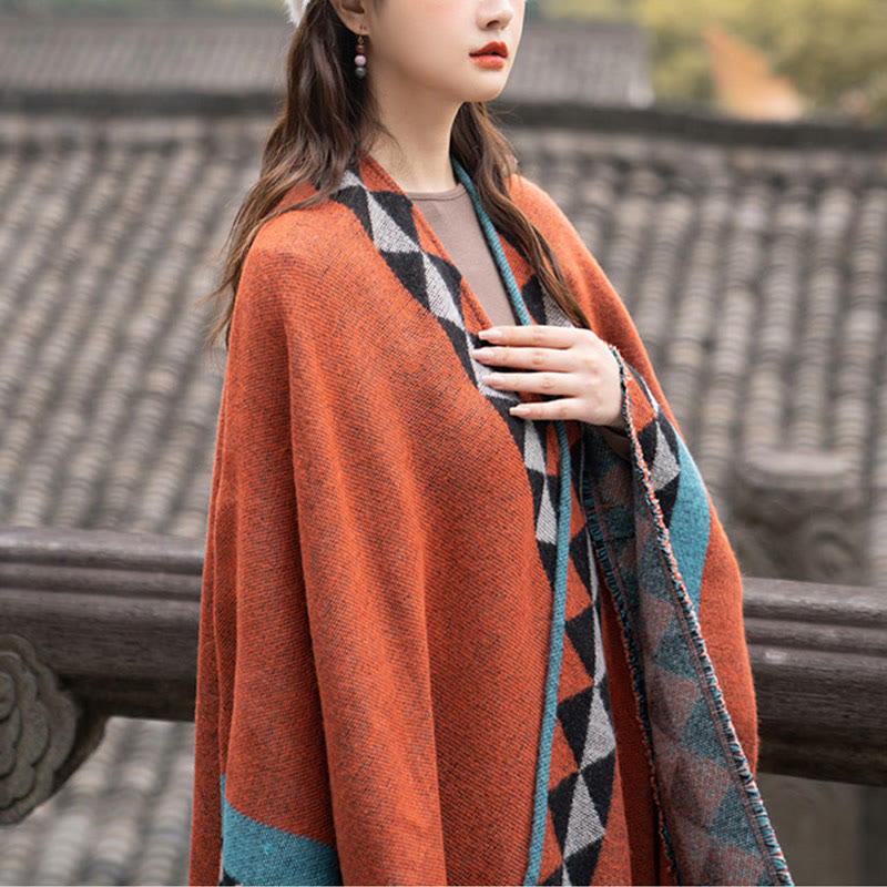 Tactile Knit Geometric Pattern Meditation Tibetan Shawl Wrap