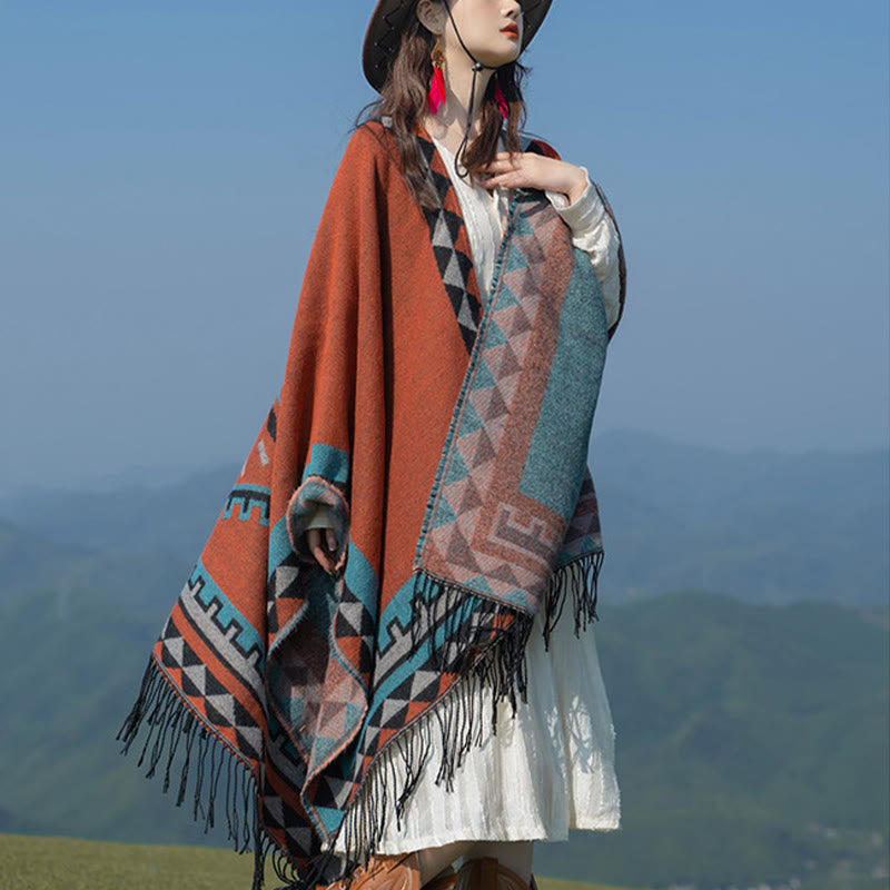 Tactile Knit Geometric Pattern Meditation Tibetan Shawl Wrap