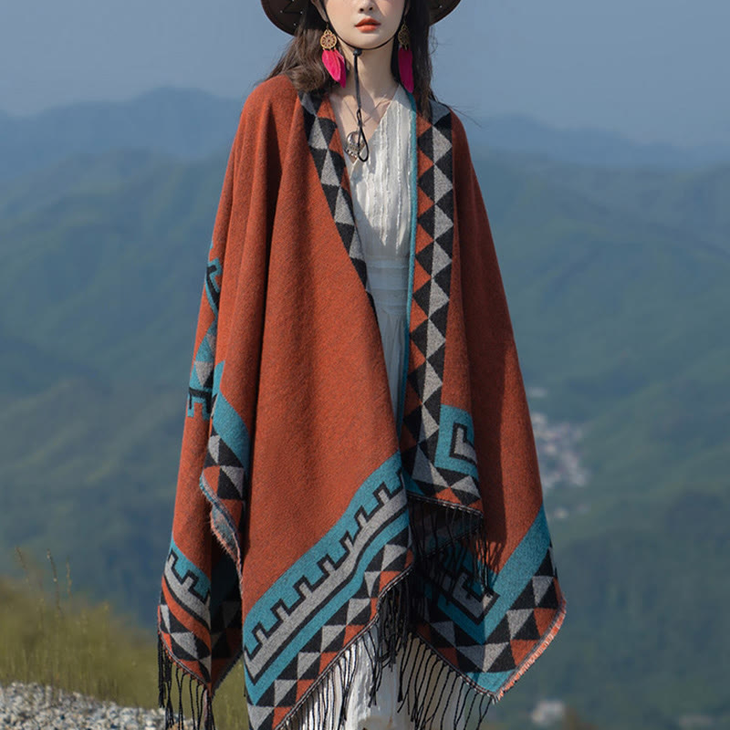 Tactile Knit Geometric Pattern Meditation Tibetan Shawl Wrap