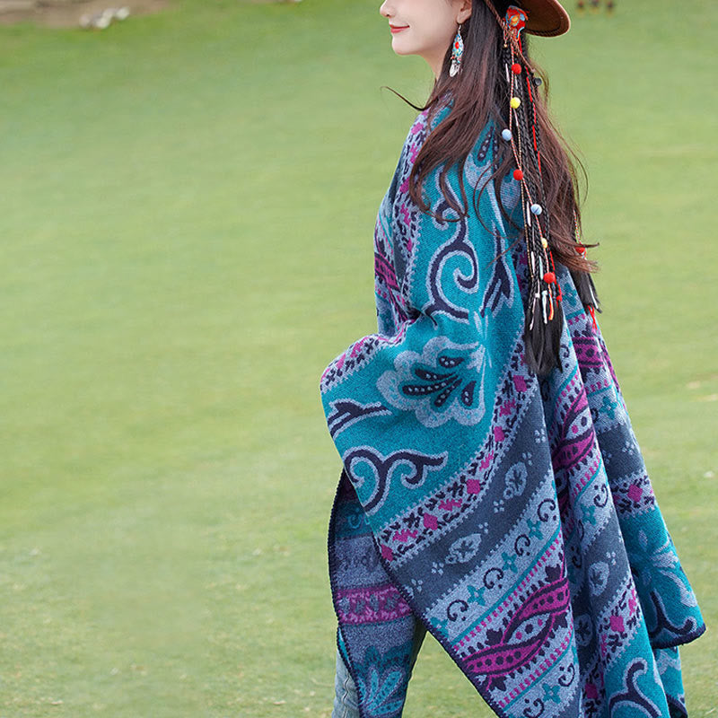 Tibetan Geometric Horizontal Stripe Flowers Pattern Shawl Fall Winter Warm Soft Scarf Wrap