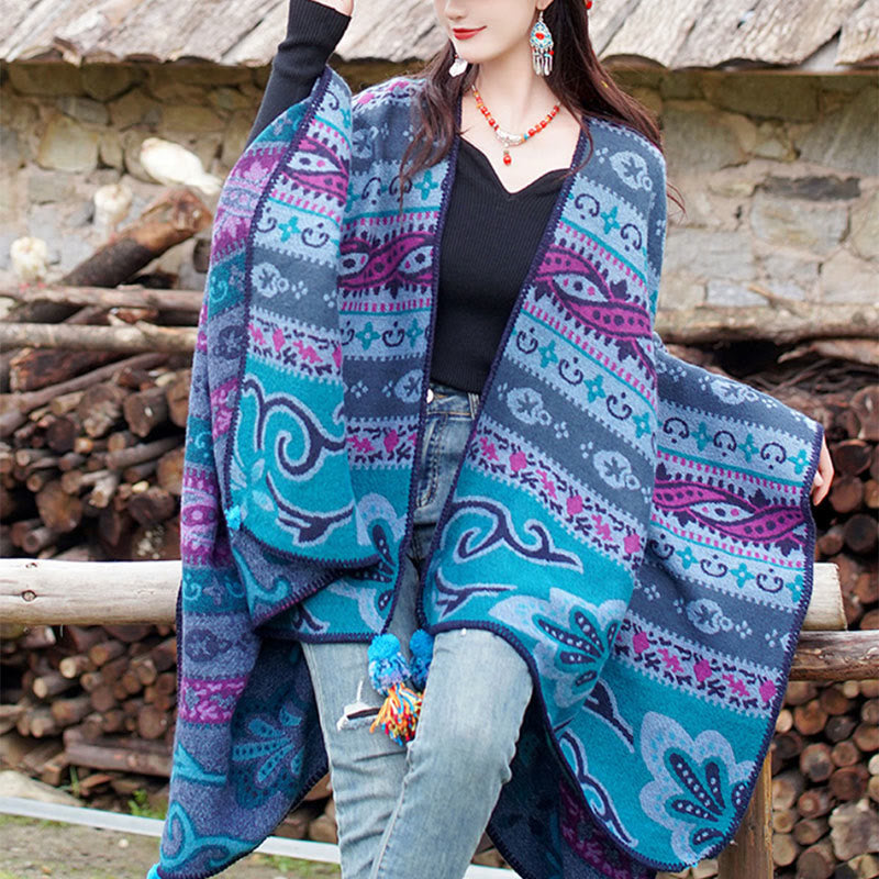 Tibetan Geometric Horizontal Stripe Flowers Pattern Shawl Fall Winter Warm Soft Scarf Wrap