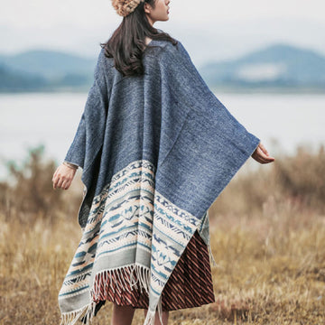 Tibetan Geometric Rhombus Pattern Tassels Shawl Fall Winter Warm Cozy Scarf Wrap