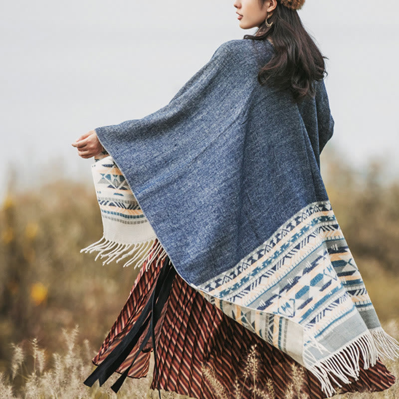 Tibetan Geometric Rhombus Pattern Tassels Shawl Fall Winter Warm Cozy Scarf Wrap