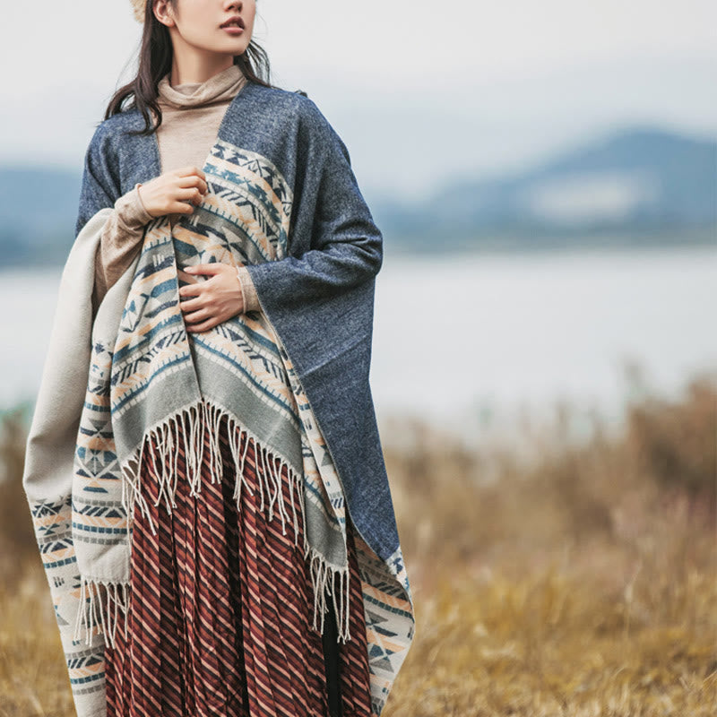 Tibetan Geometric Rhombus Pattern Tassels Shawl Fall Winter Warm Cozy Scarf Wrap