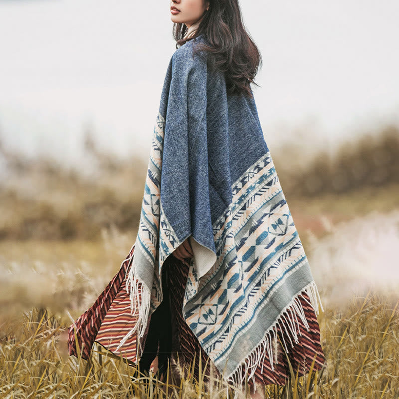 Tibetan Geometric Rhombus Pattern Tassels Shawl Fall Winter Warm Cozy Scarf Wrap
