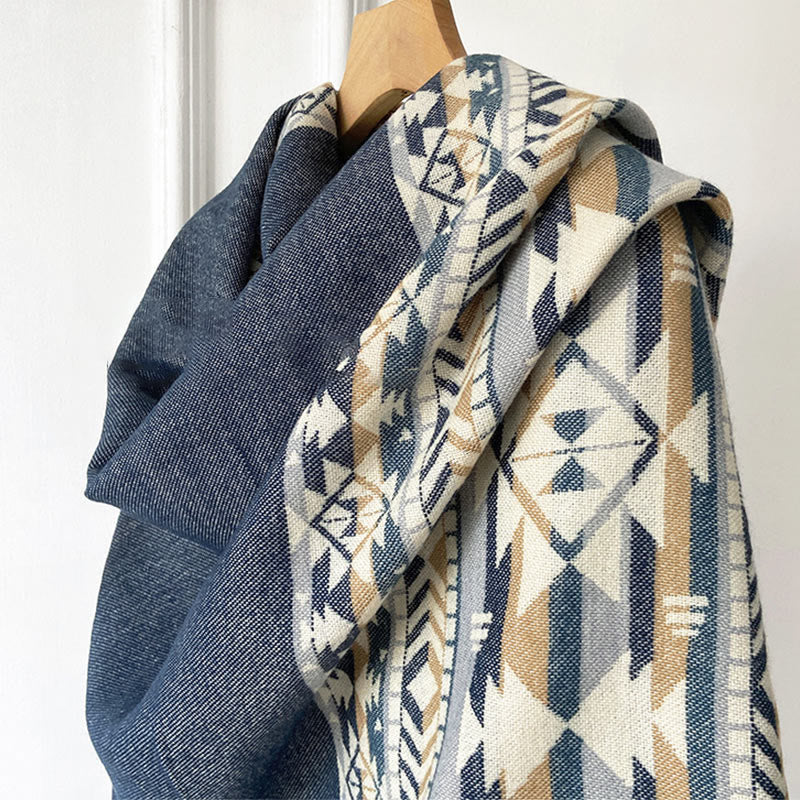 Tibetan Geometric Rhombus Pattern Tassels Shawl Fall Winter Warm Cozy Scarf Wrap