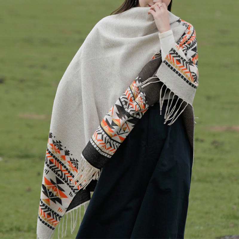 Tibetan Geometric Rhombus Pattern Tassels Shawl Fall Winter Warm Cozy Scarf Wrap